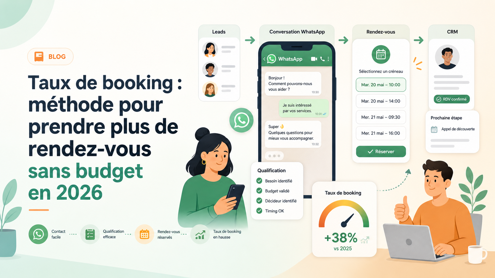 Illustration SaaS d'un taux de booking avec leads, calendrier de rendez-vous et qualification