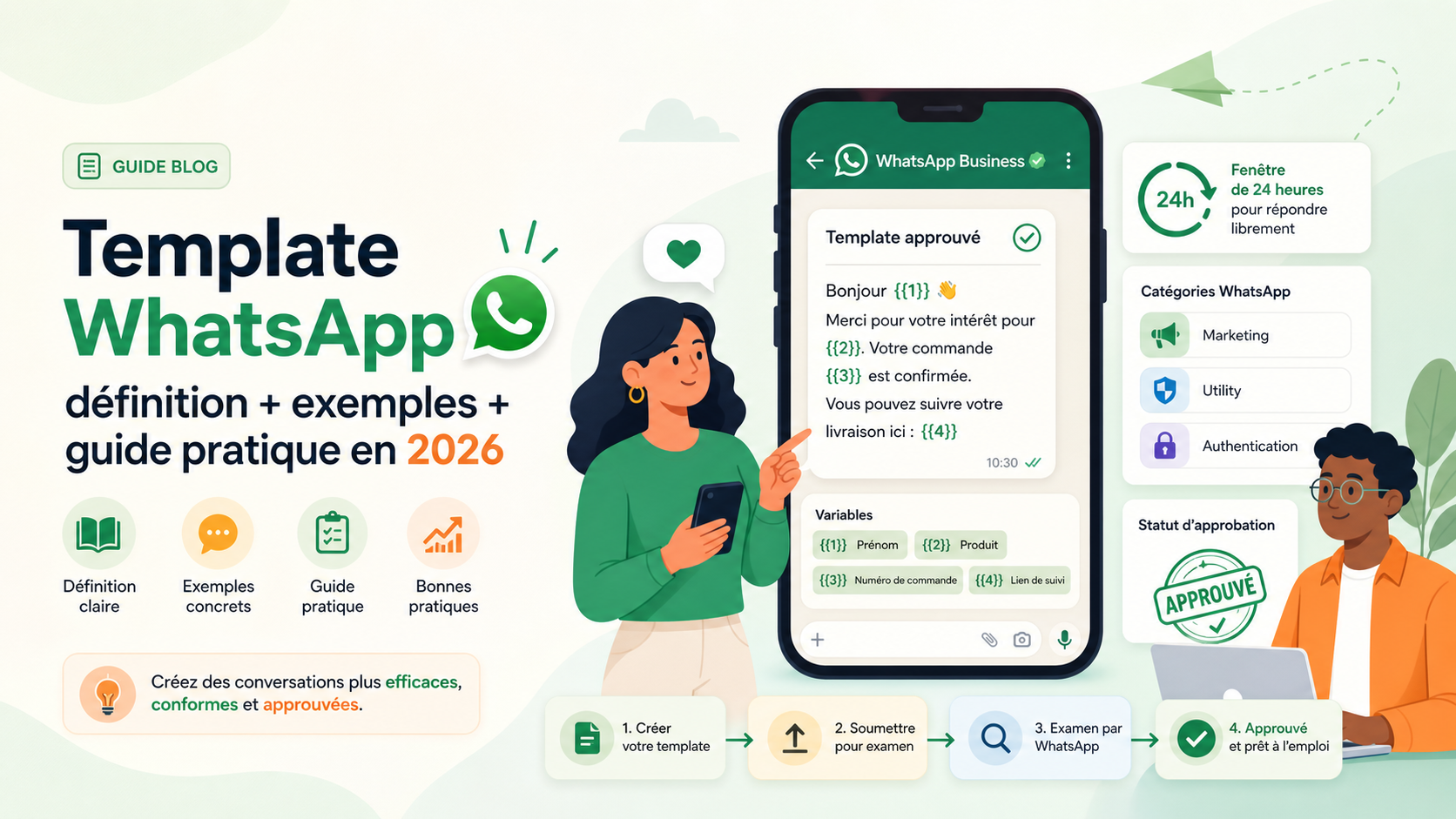 Illustration SaaS de templates WhatsApp avec validation, variables et messages de qualification