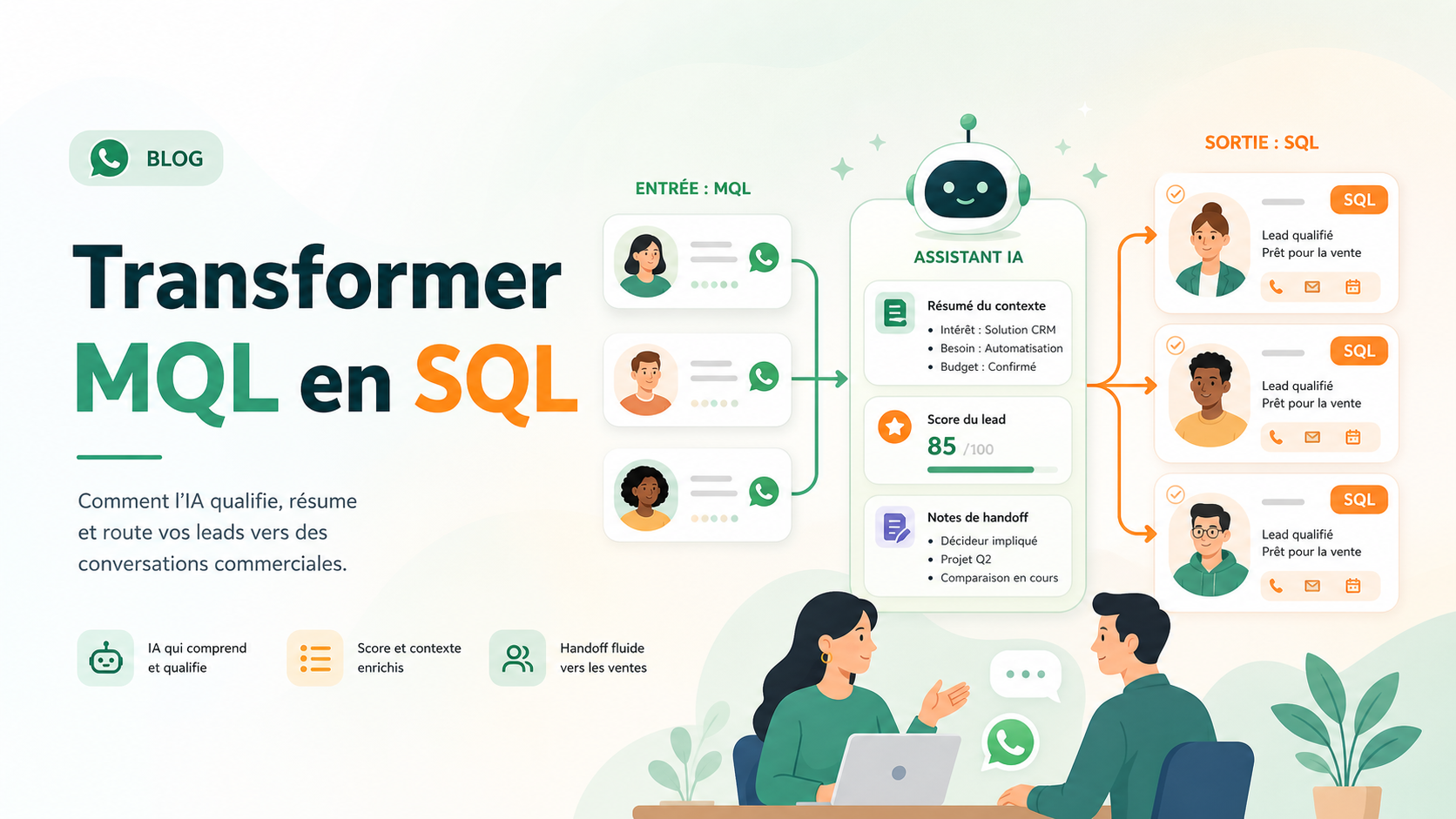 Illustration SaaS d'une IA qui aide à transformer des MQL en SQL avec scoring, contexte prospect et handoff commercial