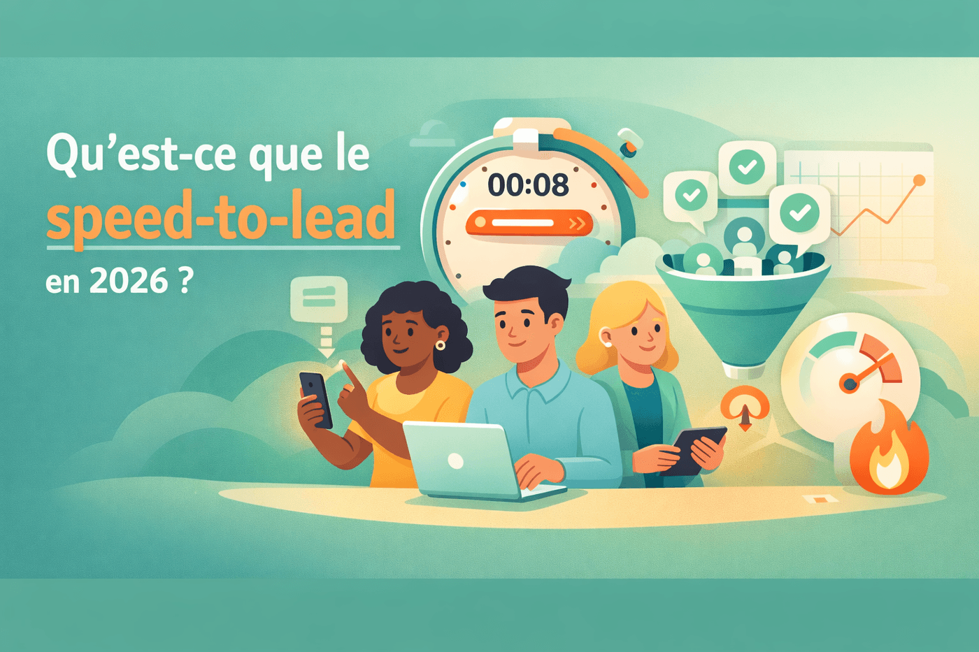 Illustration d'un lead traite rapidement depuis une campagne Ads vers un CRM et un rendez-vous