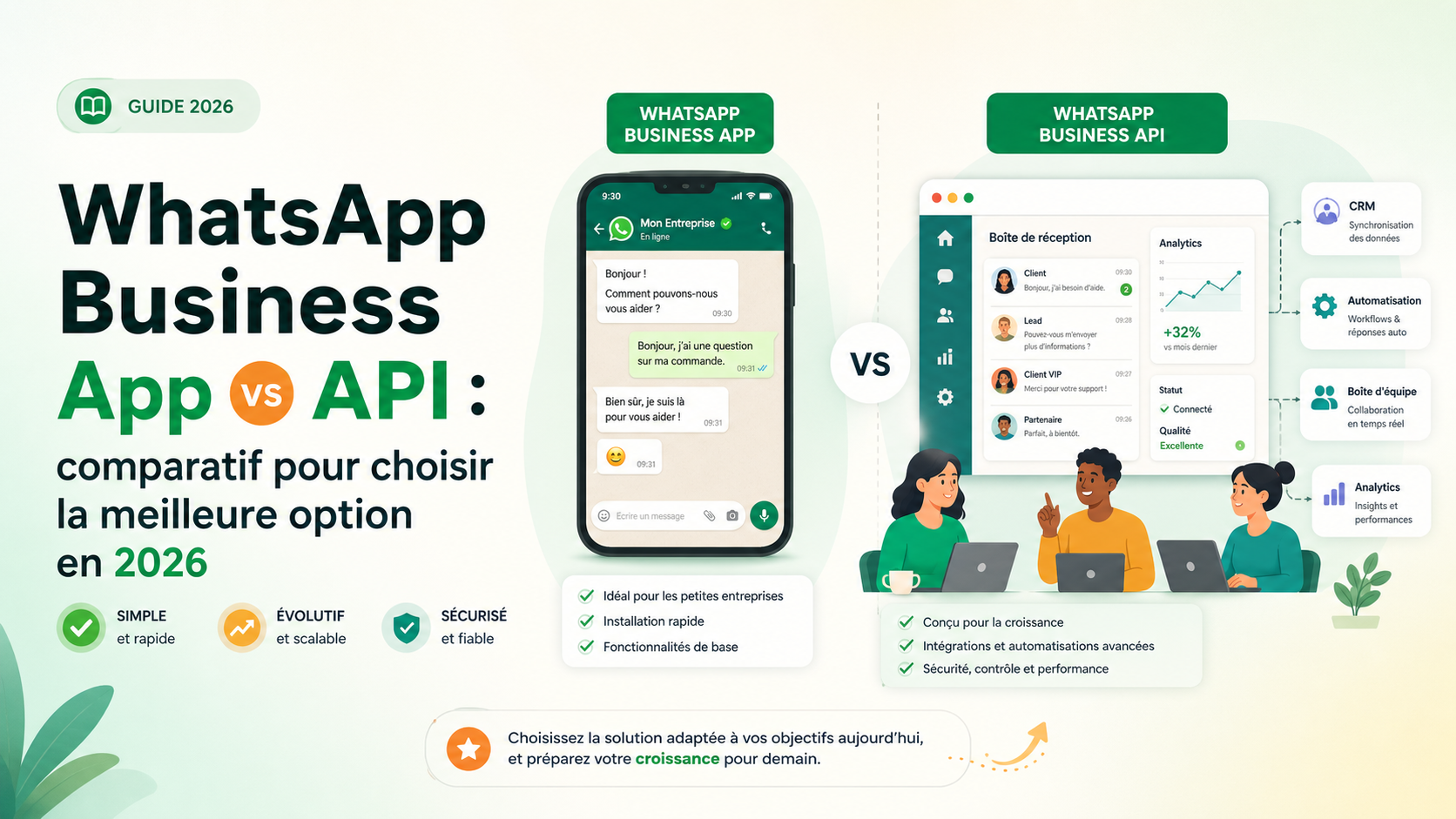 Illustration SaaS comparant WhatsApp Business App et API WhatsApp Business pour CRM, automatisation et qualification