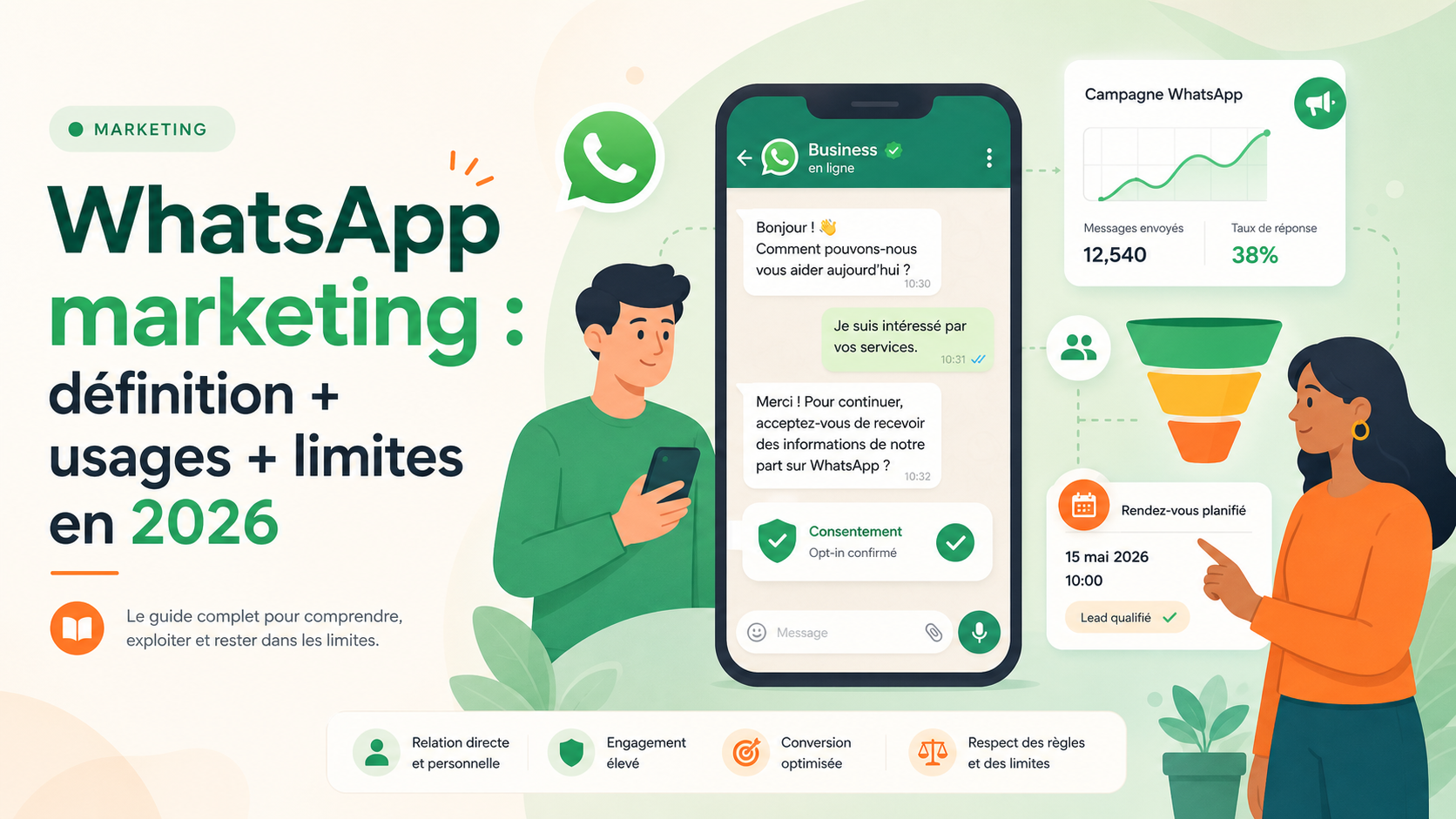 Illustration SaaS du WhatsApp marketing applique a la qualification et aux rendez-vous commerciaux