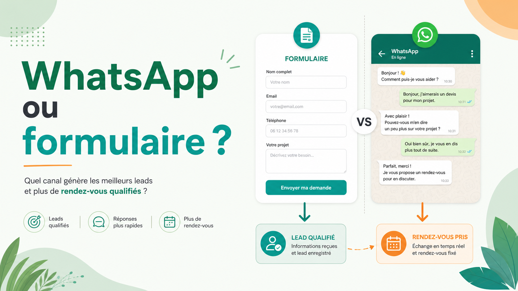 Illustration comparant un formulaire et une conversation WhatsApp pour qualifier des leads